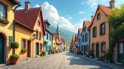 Quaint European Village with Cobblestone Streets and Colorful Houses