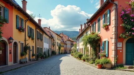 Obraz premium Quaint European Village with Cobblestone Streets and Colorful Houses