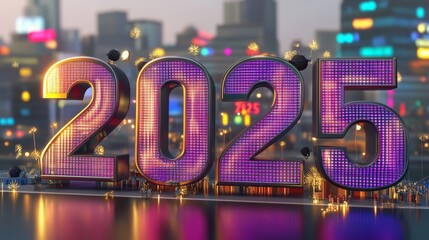 New Year's celebration 2025, The year 2025 is written in a large, colorful font on a city skyline