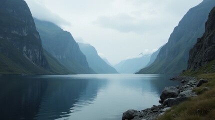 Calm Reflective Lake in a Remote Nordic Fjord