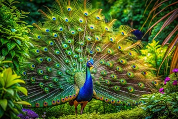 Obraz premium Aerial View of a Vibrant Peacock Showcasing Iridescent Feathers Surrounded by Lush Green Foliage in a Serene Botanical Garden Setting