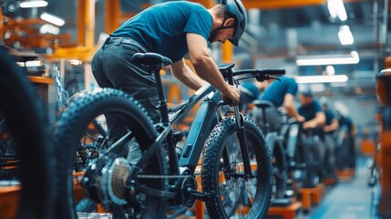 Factory worker assembling electric bike.