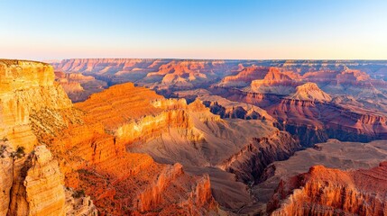 Naklejka premium A stunning panoramic view of the Grand Canyon at sunset, showcasing vibrant colors and layered rock formations in a breathtaking natural landscape.