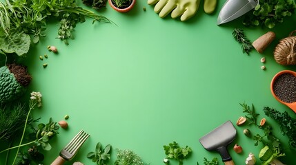 A bright green background with gardening tools like spades gloves and seeds framing the blank center.
