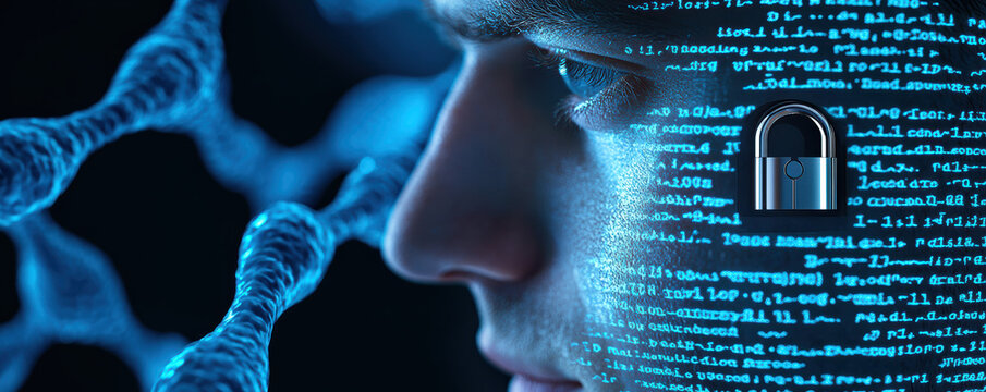 A futuristic portrayal of cybersecurity, blending human features with digital code and security symbols.