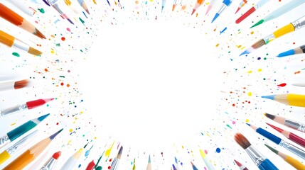 A bright white background with art supplies like paintbrushes colored pencils and paints forming a circular frame around the empty center.