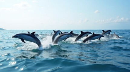 Fototapeta premium Dolphins Leaping at Horizon