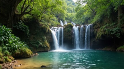 Secluded Waterfall Cascading into Natural Pool