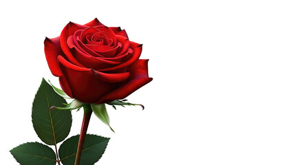 Red rose flower with clipping path, side view. Beautiful single red rose blossom on stem with isolated petals on white background. Natural object for Valentine's Day, mother's day, anniversary design