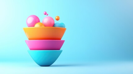 Fototapeta premium Colorful bowls stacked with vibrant spheres on a bright blue background.