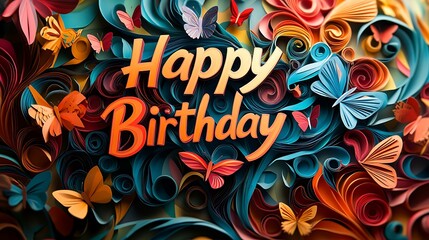 A vibrant kirigami design of "Happy Birthday" with letters crafted from galloping horses and fluttering butterflies, set against a dynamic background of swirling paper accents, hd precision,
