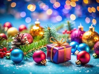 Obraz premium Enchanting miniature Christmas ornaments and gifts, a festive tilt-shift scene, bathed in dreamy blue.