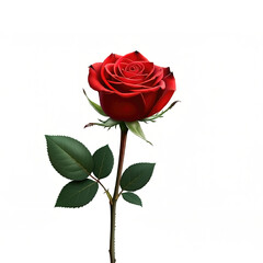 Red rose flower with clipping path, side view. Beautiful single red rose blossom on stem with isolated petals on white background. Natural object for Valentine's Day, mother's day, anniversary design