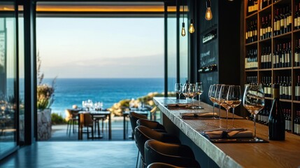 Fototapeta premium Ocean view restaurant bar with wine glasses and bottles.
