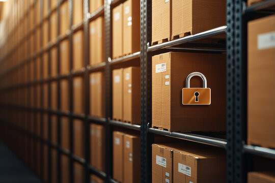 Secure storage space with locked box among cardboard boxes on shelves in a modern warehouse environment.