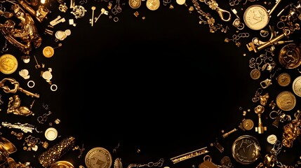 A deep black background with golden objects like coins keys and jewelry arranged in a radiant circular pattern around the blank center.