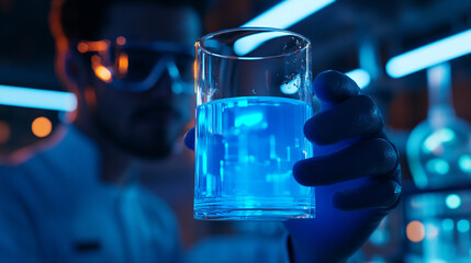 Scientist holds glowing blue liquid in glass during laboratory experiment at night
