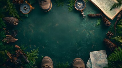 A deep forest green background bordered with hiking gear like compasses maps and boots framing the empty middle.