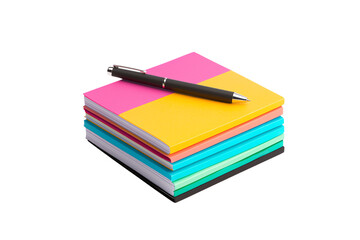 Colorful stack of sticky notes with a pen resting on top.