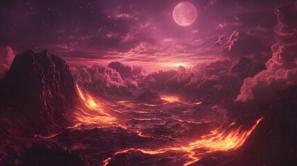 A desolate red planet with jagged cliffs and glowing lava rivers beneath a violet-hued sky filled with distant stars.