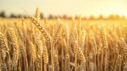 Fototapeta premium Golden Wheat Field Under Warm Sunset Light with Soft Focus on Golden Grains and Greenish Background of Nature in Beautiful Agricultural Landscape