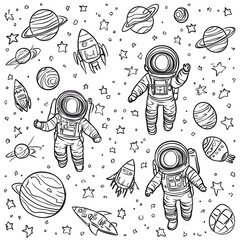 Astronauts and Planets in Space Exploration Theme
