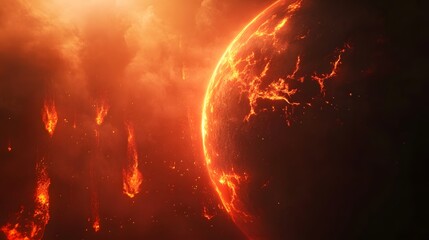 A fiery planet with massive geysers of molten lava erupting into a smoky red sky with glowing ash floating in the air.
