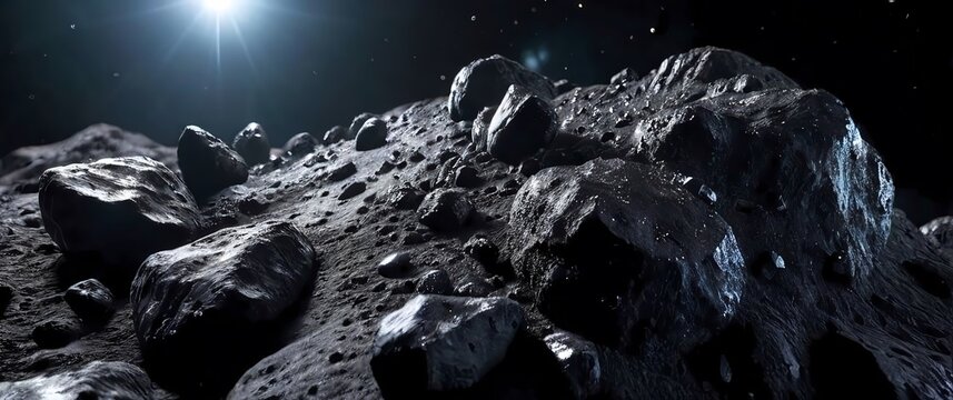 Detailed macro of an asteroid simulant featuring a mix of jagged black volcanic rocks and shiny metal inclusions with fine regolith dust scattered across the surface. 