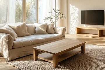 A minimalist, japandi interior in the living room with beige sofas and wooden tables. Generative AI
