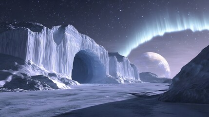 A frozen planet with ice caves glowing from within and a pale blue aurora spanning the night sky.