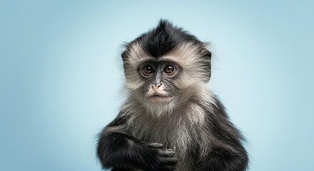 Obraz premium Adorable young monkey with distinctive black and white fur posing on light blue background