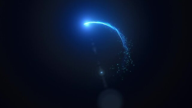 Background with slow magic light streak trail. Circular flying light line with particles.