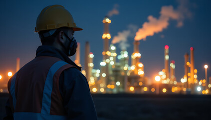 Refinery Worker in Hard Hat and Reflective Vest Monitoring Oil Processing at Night