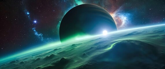 Exoplanet with swirling bluegreen storms and shimmering auroras accompanied by two large moons seen against the vivid background of a starfilled nebula