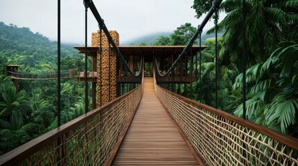 Obraz premium Serene Suspension Bridge Leading to a Treehouse Nestled in Lush Tropical Rainforest with Vibrant Greenery and Misty Mountains in the Background