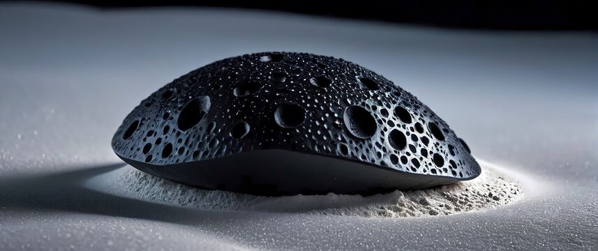 Exquisite macro capture of a tektite with its unique glossy black surface pitted with small craters lying on a contrasting bed of white sand under soft light