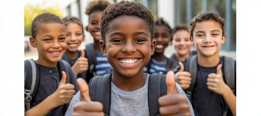 Obraz premium Thumbs up for school Cheerful and diverse group of elementary students posing with backpacks.