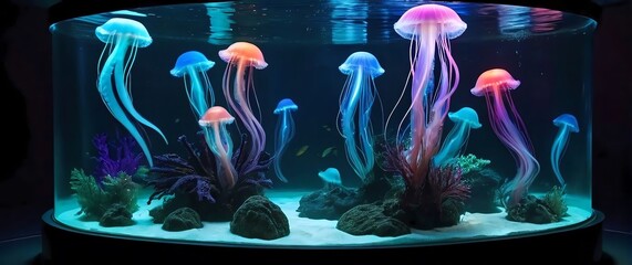 Jellyfish aquarium display with dozens of pulsating creatures floating in a cylindrical tank illuminated by soft rotating LED lights in a mesmerizing spectrum of colors.
