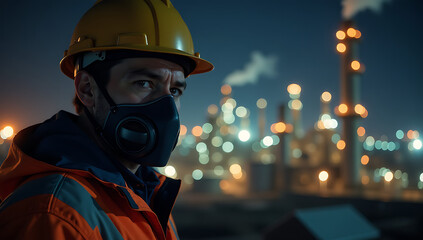 Oil Refinery at Night: Worker in Protective Gear Ensuring Smooth Operations