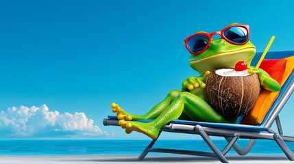 Frog is sitting on a beach chair with a coconut in a cup. The frog is wearing sunglasses and a straw in the coconut. The image conveys a relaxed and fun atmosphere