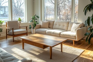 Minimalist, a japandi-style interior photo of a bright living room with a sofa and a wooden table in view. Generative AI
