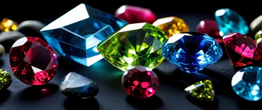 Macro image of a collection of loose gemstones scattered across a glossy black surface including fiery rubies deep blue sapphires golden topazes and glowing green peridots. 