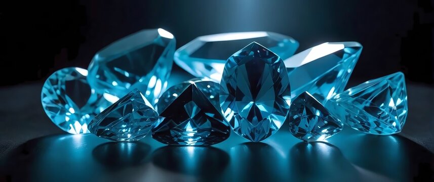 Macro image of a loose array of faceted gemstones scattered on a mirrored surface each stone from aquamarine to spinel glowing vividly under bright cool lighting