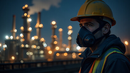 Night Shift at the Oil Refinery: Engineer in Safety Equipment Overseeing Production