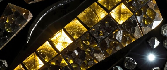 Macro perspective of a polished slice of pallasite meteorite showcasing a mosaic of translucent olivine crystals embedded in a metallic matrix glowing warmly when backlit. 