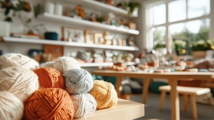 Vibrant Craft Room Filled with Shelves of Neatly Arranged Yarn and Colorful DIY Supplies