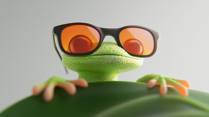 Obraz premium Green lizard wearing sunglasses and standing on a leaf. The sunglasses are orange and black. The lizard is smiling and looking at the camera