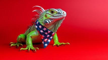 Fototapeta premium Lizard wearing a red, white and blue bandana. The lizard is green and has a patriotic look