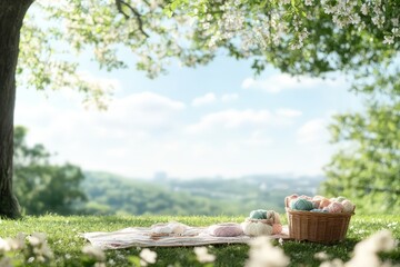 Serene Park Scene Featuring a Woman Knitting on a Picnic Blanket Under Blossoming Trees in Bright Sunshine