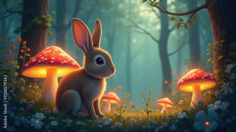 Wall mural Rabbit and Glowing Mushrooms in a Magical Forest